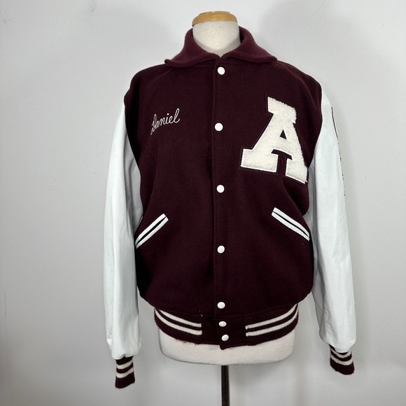 Vintage BUTWIN USA Maroon Wool White Leather Reversible Bamber Jacket Men's L - Picture 1 of 15